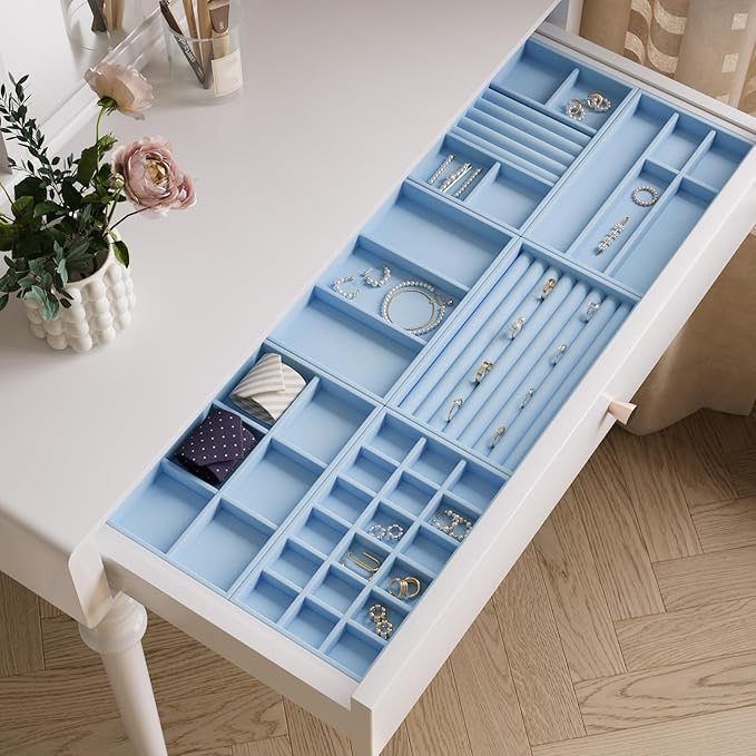 VaryPaper 15.7" x 78.7" Light Blue Flocking Velvet Drawer Liner Self Adhesive Felt Lining Soft Fabric Jewelry Box Liner Velvet Wallpaper Peel and Stick Blue Contact Paper for Cabinets Dresser Shelves