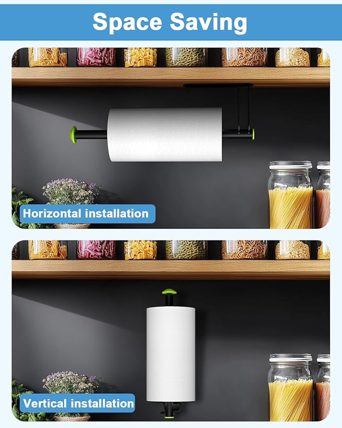 Paper Towel Holder - Kerisgo Paper Towels Holder Under Cabinet for Kitchen,Strong Adhesive Paper Towel Roll Rack for Bathroom,Wall Mounted Toilet Paper Holder for Cabinet,Vanity,Sink,RV(Matte Black)