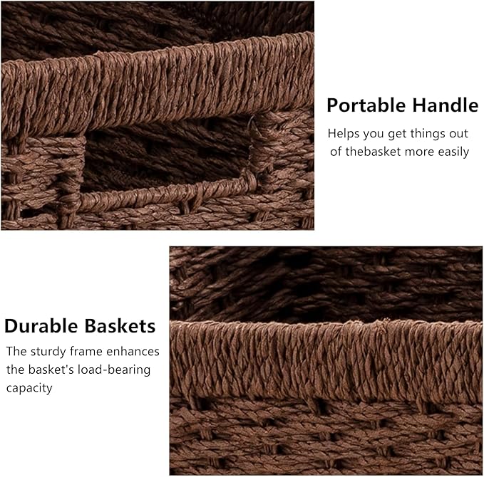 joybest Medium Wicker Baskets, Woven Paper Rope Storage Baskets for Organizing, Foldable Rectangular Bin with Handles for Pantry, 13.4L x 8.3W x 7.1H inch, 2-pack Dark Brown