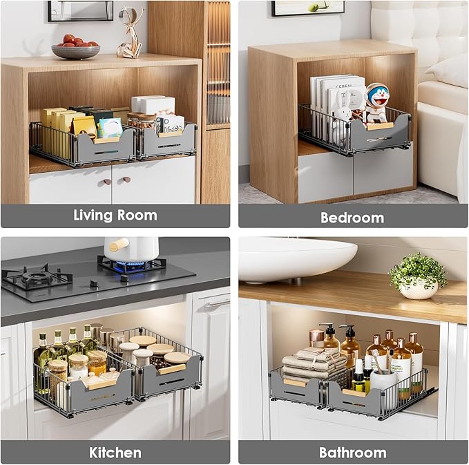 2 Pack Pull Out Cabinet Organizer, Slide Out Drawers for Cabinets,Peel and Stick,Comes with adhesive and screws,Suitable for kitchens,Cupboard,Pantry, Bathroom, Short-Gray(14.76" D*9.64" W*4.72" H)
