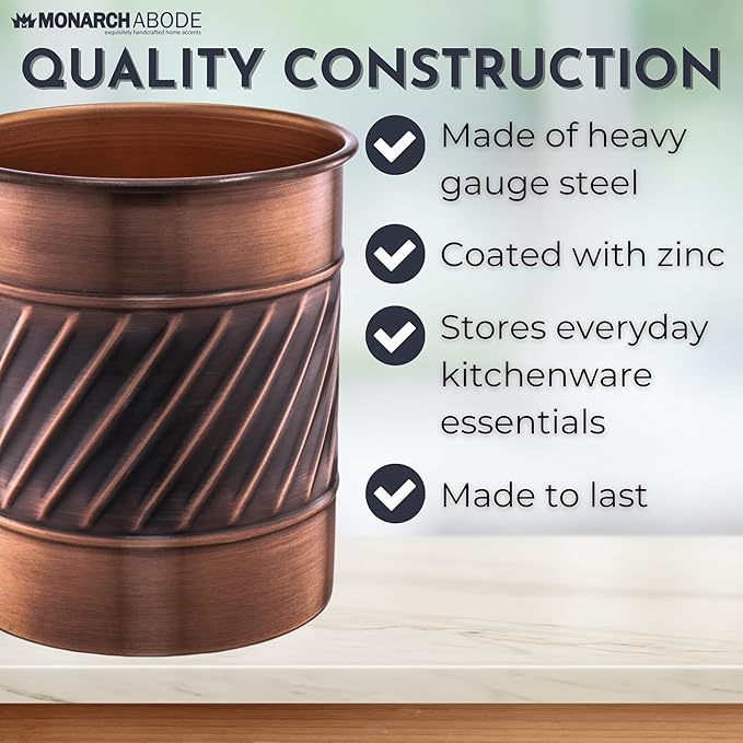Monarch Abode Kitchen Utensil Holder – Wave Embossed Metal Antique Copper Utensil Holder, Decorative Utensil Crock for Kitchen Counter, Cooking Tool and Spatula Holder for Countertop, Caddy Organizer