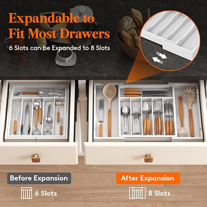 Lifewit Silverware Drawer Organizer, Expandable Utensil Tray for Kitchen, Bamboo Flatware and Cutlery Holder, Wood Adjustable Storage for Spoons Forks Knives, 13-22x15"/ 33 -56x38cm, White