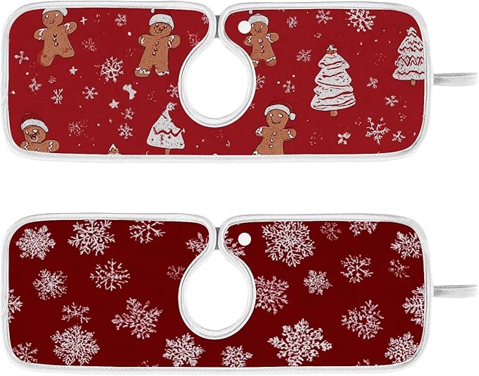 2 PCS Kitchen Sink Splash Guard 14.9 Inch Faucet Mat for Kitchen Sink Bathroom Sink Faucet Absorbing Drip Drain Mat Pad Microfiber Soft Washable Red Christmas Gingerbread Snowflakes