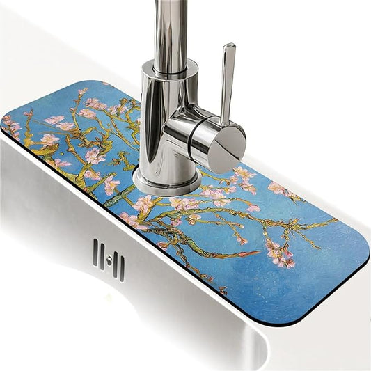 Kitchen Sink Splash Guard，Almond tree Faucet Mat Sink Gadgets-Super Absorbent Fast Drying Mat Drip Catcher for Kitchen, Bathroom,Sink Mat, Dish Drying Mat, Bathroom(15" X 5.5" )