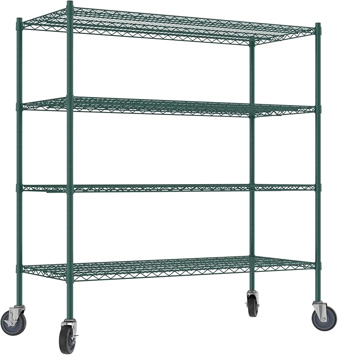Commercial NSF Listed Green Epoxy Mobile Wire Shelving Kit 24" x 54" x 60", with 4 Shelves Perfect for Warehouse, Walk-in Refrigerator, Freezer, Grocery Store, Restaurant, Dishroom