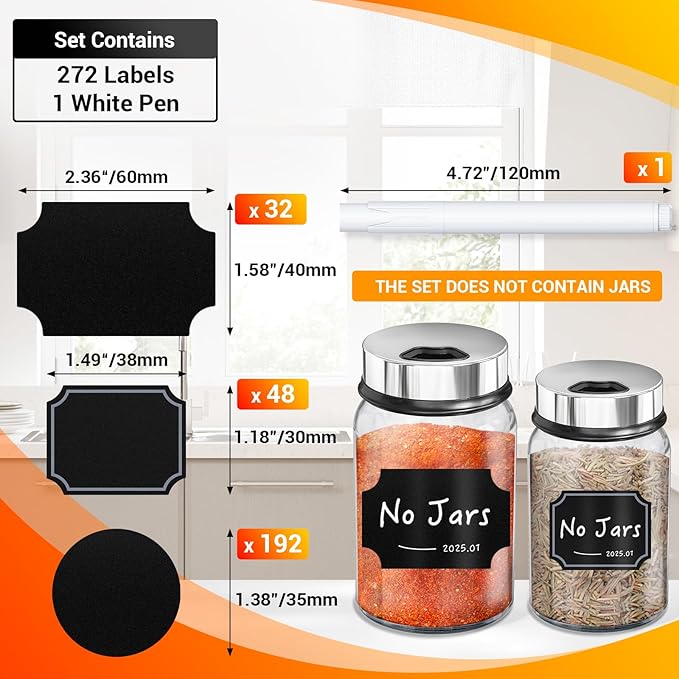 Segarty Spice Jars Labels, 272 Pcs Assorted Square Round Black Chalkboard Label Sticker with 1 Chalk Marker, Removable Blank Stickers to Write-on for Food Containers, Mason, Bottles, Storage Bin