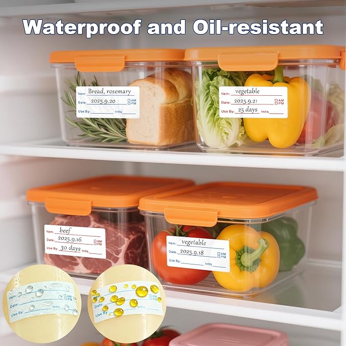 Sinoome 1200 Pieces Removable Food Labels Stickers, 2 Rolls 1x2 Inch Freezer Labels for Food Containers, No-Residue, Easy Clean, Waterproof & Oil-Resistant Food Storage Labels for Kitchen Restaurants
