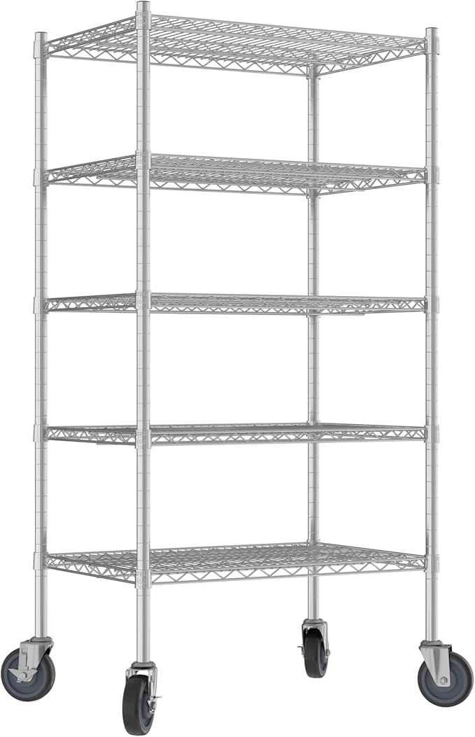 Commercial NSF Listed Chrome Mobile Wire Shelving Kit 21" x 30" x 60", with 5 Shelves Perfect for Warehouse, Walk-in Refrigerator, Freezer, Grocery Store, Restaurant, Dishroom
