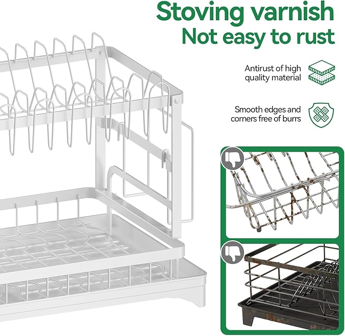 2-Tier Dish Drying Rack with Drainboard, Sink & Countertop Metal Dish Rack Organizer, Dish Drainers for Kitchen Counter, White Dish Racks