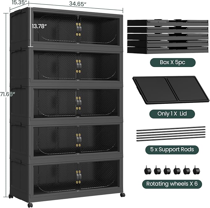 1200QT Extra Large Stackable Storage Bins with Lid, 300Gal Plastic Closet Organizers and Storage Drawer, Collapsible Cabinet Box with Wheels Clear Doors for Home Kitchen Office, 5Pack Black
