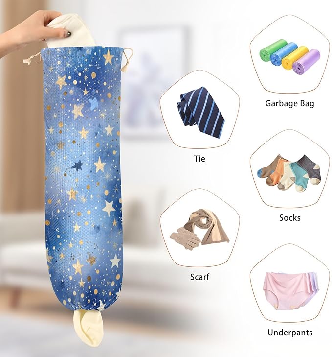 Plastic Bag Holder Wall Mount Grocery Bag Shopping Bag Storage Holder Organizer Dispenser with Adhesive Hook,for Kitchen Bathroom Home Decor 9x22 Inches Blue Romantic Golden Stars24