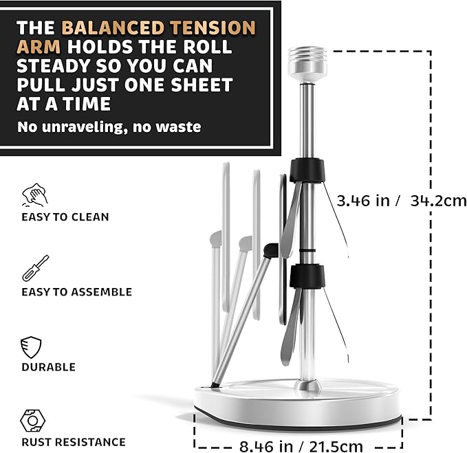 Stainless Steel Tension Arm Paper Towel Holder - Easy One-Handed Operation - This Sturdy Weighted Paper Towel Dispenser Countertop Model Has Suction Cups and Holds All Paper Towel Rolls (Silver)
