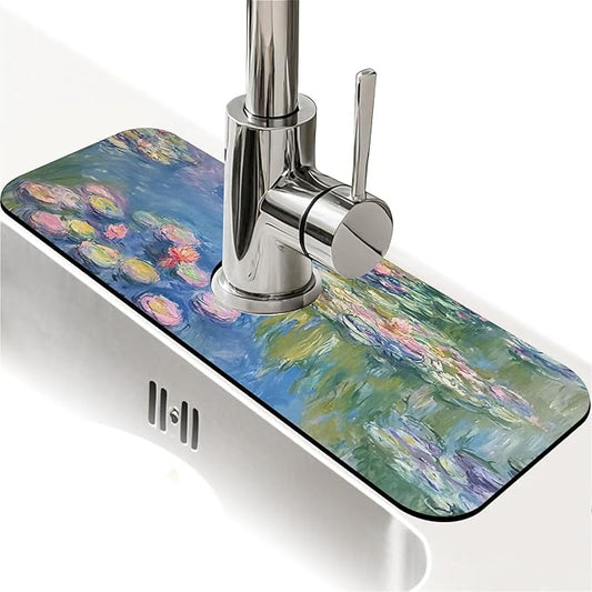 Kitchen Sink Splash Guard，Lotus in the pond Faucet Mat Sink Gadgets-Super Absorbent Fast Drying Mat Drip Catcher for Kitchen, Bathroom,Sink Mat, Dish Drying Mat, Bathroom(15" X 5.5" )