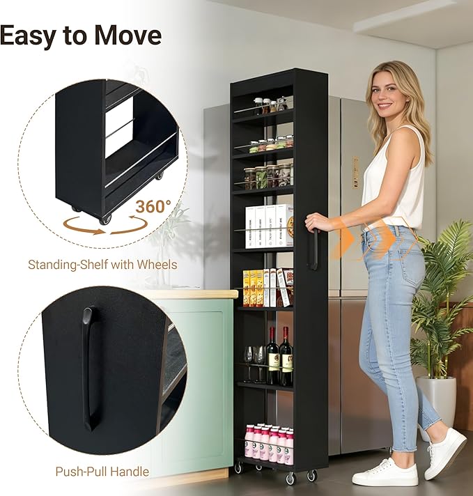7-Tier Slim Storage Cart with Wheels, 7.9''W Pull Out Rolling Utility Cart, Mobile Shelving Unit Organizer with Handle, Narrow Multi-Functional Open Shelf for Kitchen, Bathroom (Black)