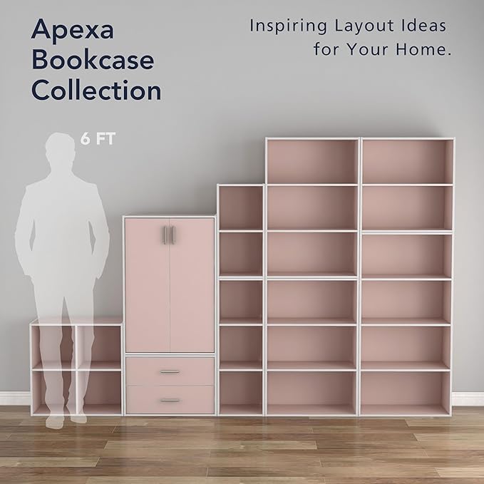 Homes: Inside + Out Apexa 6-Cube Storage Organizer Shelves, Stackable Wood Bookcase Fits Cubby Bins for Organization, Dorm Teen Room Decor & Home Office, Light Pink