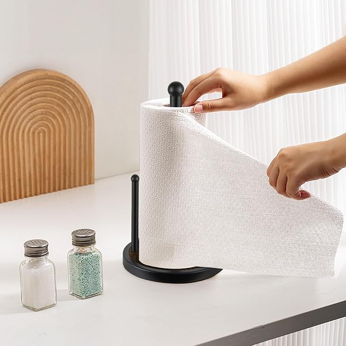 YINMIT Paper Towel Holder Countertop, Standing Paper Towel Roll Holder with Heavy Duty Wooden Base, Rustic Farmhouse Paper Towel Holders for Kitchen Counter, Fits Standard or Jumbo-Sized Rolls