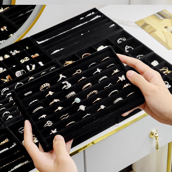 SPAKOWN Jewelry Organizer for Drawer, Adjustable Velvet Jewelry Tray, Stackable Necklace Organizer Earring Holder Organizer Ring Tray Jewelry Storage Display Drawer Inserts Set of 9 (Black)