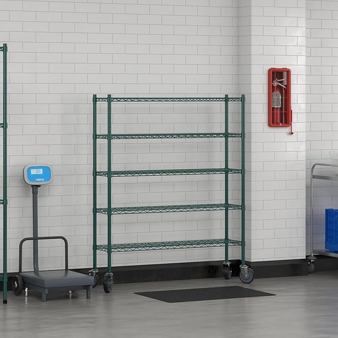 Commercial NSF Listed Green Epoxy Mobile Wire Shelving Kit 12" x 48" x 60", with 5 Shelves Perfect for Warehouse, Walk-in Refrigerator, Freezer, Grocery Store, Restaurant, Dishroom
