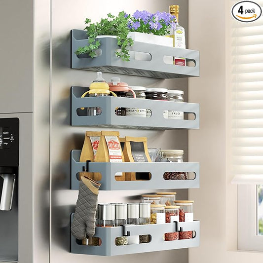 4 Pack Strong Magnetic Spice Rack for Refrigerator, Multipurpose Magnetic Shelf for Fridge with 4 Hooks for kitchen and Bathroom Organization, Grey
