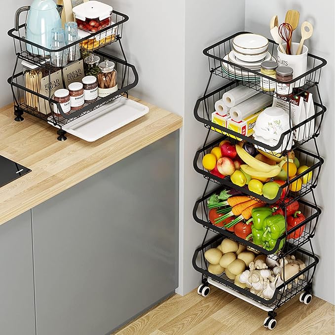 Metal Wire Baskets with Wheels, Stackable Storage Bins Kitchen Organizer Shelf 3-4-5-6 Tier Fruit Vegetable Cart Dishes Seasonal Rack Shelves for Garage, Pantry, Bathroom and Produce holder