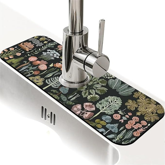 Kitchen Sink Splash Guard，Plants flowers and trees Faucet Mat Sink Gadgets-Super Absorbent Fast Drying Mat Drip Catcher for Kitchen, Bathroom,Sink Mat, Dish Drying Mat, Bathroom(15" X 5.5" )