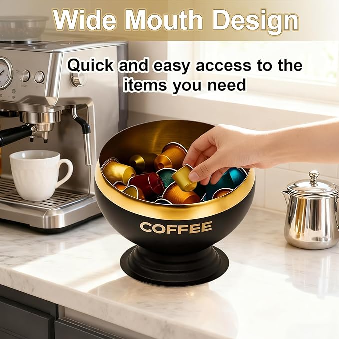 Coffee Pod Holder - Large Capacity Black & Gold Metal Coffee Pod Storage, Capsule Storage Organizer, Coffee Bar Accessories for Kitchen Counter Office Desktop (Black+Gold-7.1in/18cm)