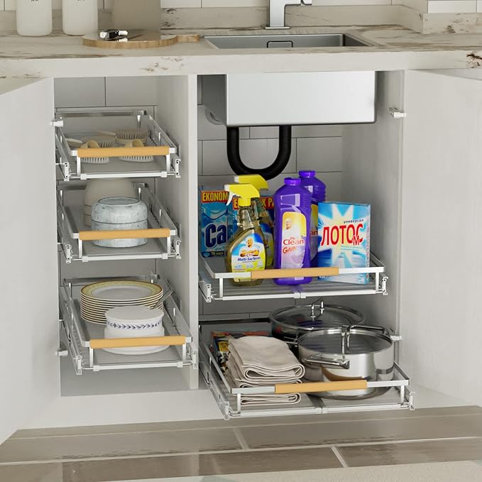 SANNO Pull Out Cabinet Organizer, Slide Out Cabinet Shelf,Under Sink Slide Out Cabinet Organizer, Pots Pans Organizer Smooth Roll,Expandable Width 16.1 to 26.4" W
