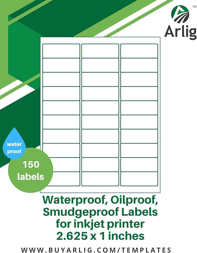 Arlig 2.625x1 Inch Waterproof Address Labels for Inkjet Printers – Smudge-Proof, Oil-Proof for Bottles, Pantry, Lip Gloss, Jars, Food, and Essential Oils | 150 Labels (5 Sheets, 30/Sheet) (Matte)