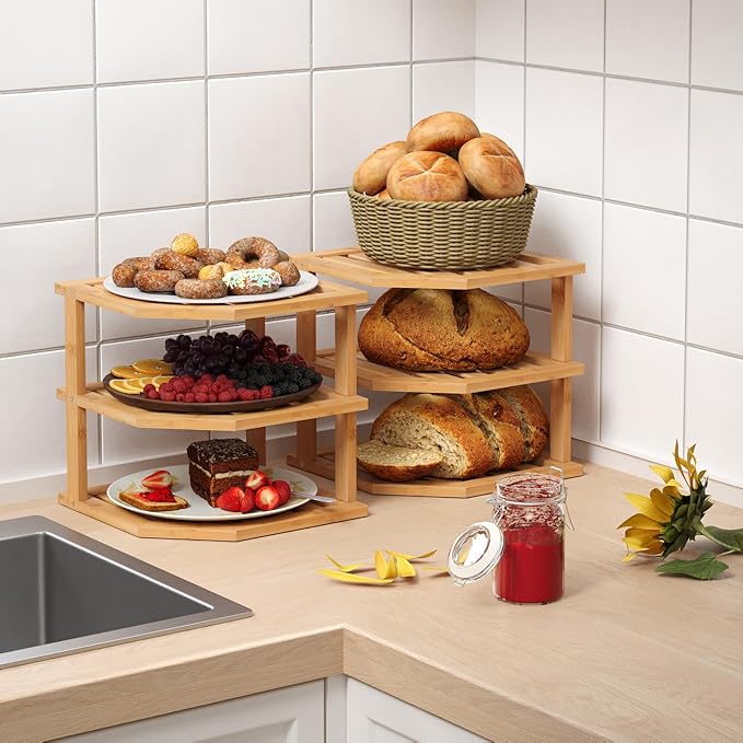 3 Tier Bamboo Corner Shelf(2 Pack),Plate Organizer,Dish Drying Rack,Kitchen Spice Rack for Countertop and Cabinet