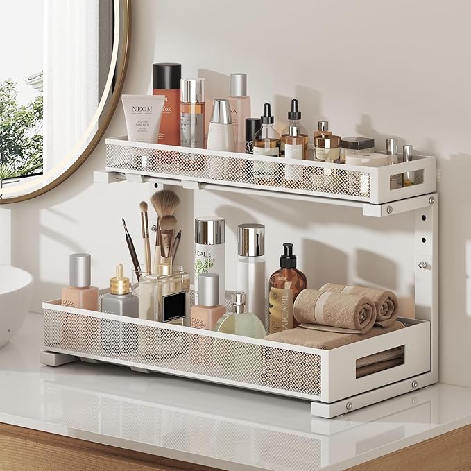 1 Pack 19IN Depth Under Sink Storage Organizer, Large 2-Tier Elegant Mesh Pull Out Shelf for Kitchen and Bathroom Cabinet Organization, L-Shaped and Adjustable Height Design-White