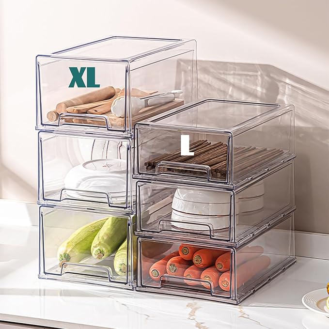 PiJeyiee Clear Stackable Refrigerator Organizers and Storage Drawers - Pull-Out Fridge Bins with Anti-Slip Base & Easy Clean, Plastic Organizers for Kitchen Pantry Cabinet Closet ﻿ (2XL)