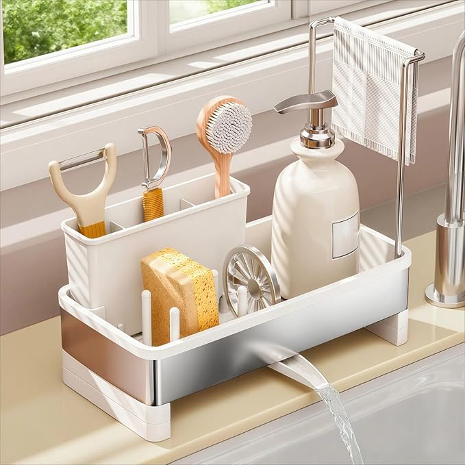 Sponge Holder for Kitchen Sink, Stainless Steel Sink Caddy with Brush Holder, Dishcloth Rack and Holds Soap Dispenser, Auto-Drain Rustproof Countertop Organizer (White)