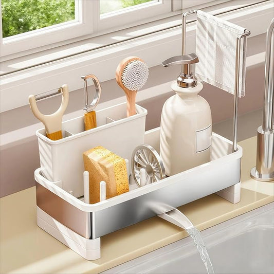 Sponge Holder for Kitchen Sink, Stainless Steel Sink Caddy with Brush Holder, Dishcloth Rack and Holds Soap Dispenser, Auto-Drain Rustproof Countertop Organizer (White)