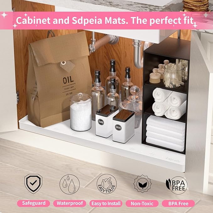 Sdpeia Under Sink Mat 28"×22" Waterproof Silicone Cabinet Liner & Sink Protector for Kitchen & Bathroom, Multi-Purpose Organizers Tray for Pets, Laundry, Cat Litter Mat, White