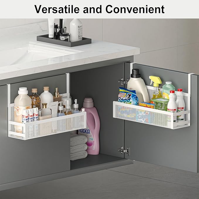 Hanging Desktop Baskets Fine Mesh Wire Storage Basket Over Cabinet Door Organizer No Drilling Required for Kitchen Bathroom Office, 1 Small, 1 Large.