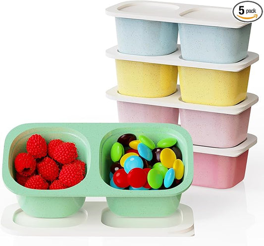 Reusable Snack Containers with Lids for Kids-Classic Color 5 PACK, [UNIQUE DESIGN 2-COMPARTMENT] BPA-Free/Microwave/Dishwasher Safe, Snack Bowls Container for On-the-Go Meals,Camping and Travel