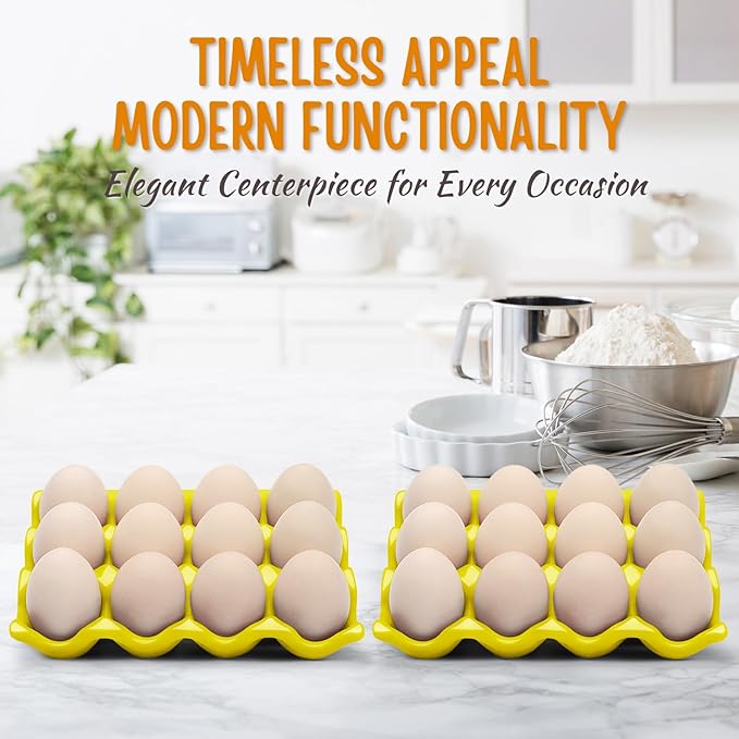 Flexzion 12 Cups Ceramic Egg Holder for Fridge - Dozen Ceramic Egg Tray Porcelain Container Storage Organizer Decorative Serving Stand Serveware for Refrigerator Countertop Display (Yellow, 2 Pack)