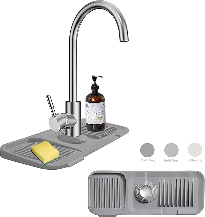 MOODKEY Kitchen Sink Splash Guard Sponge Holder - Silicone Faucet Drip Catcher Tray - Sink Protector - Fits Faucet Tube within 2.5" (Dark Grey, 14.6")