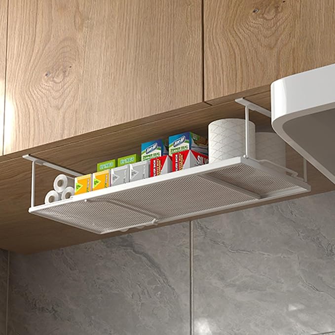 Expandable Hanging Under Shelf Storage Basket,Under Shelf Storage Basket Organizer,Under Hanging Baskets for Cabinet,Pantry, Desk Organization,8.27" D x 15.16"-27.76W x 7.68" H,White