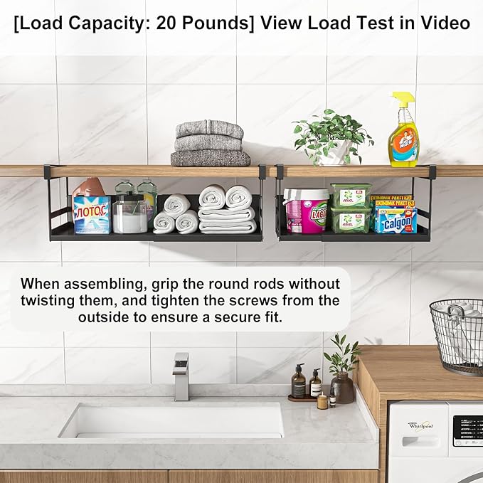 Expandable Under Cabinet Shelf Organizer with 0.94-Inch Thick Clips, Heavy Duty Extendable Under Shelf Storage Basket for Pantry or Laundry Room, Black, 2 Pack, Interior: 5.7" H x 8.54" D