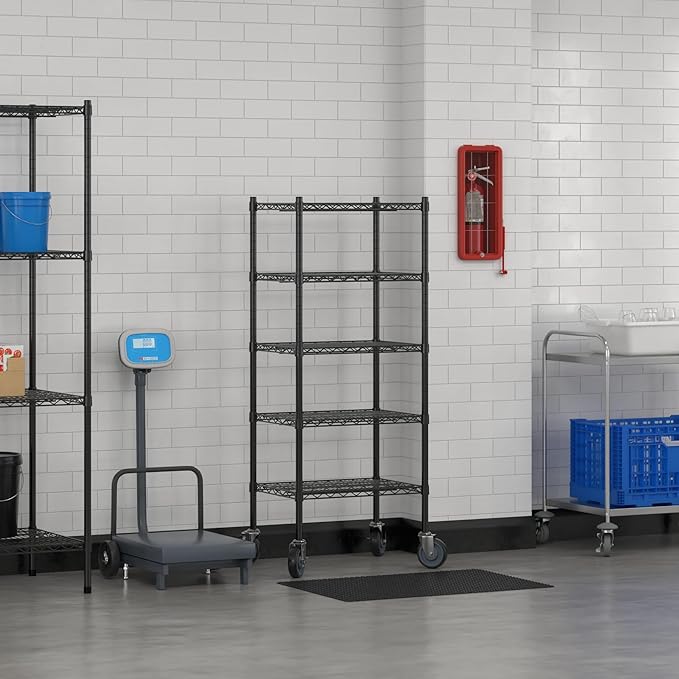 Commercial NSF Listed Black Epoxy Mobile Wire Shelving Kit 18" x 24" x 60", with 5 Shelves Perfect for Warehouse, Walk-in Refrigerator, Freezer, Grocery Store, Restaurant, Dishroom
