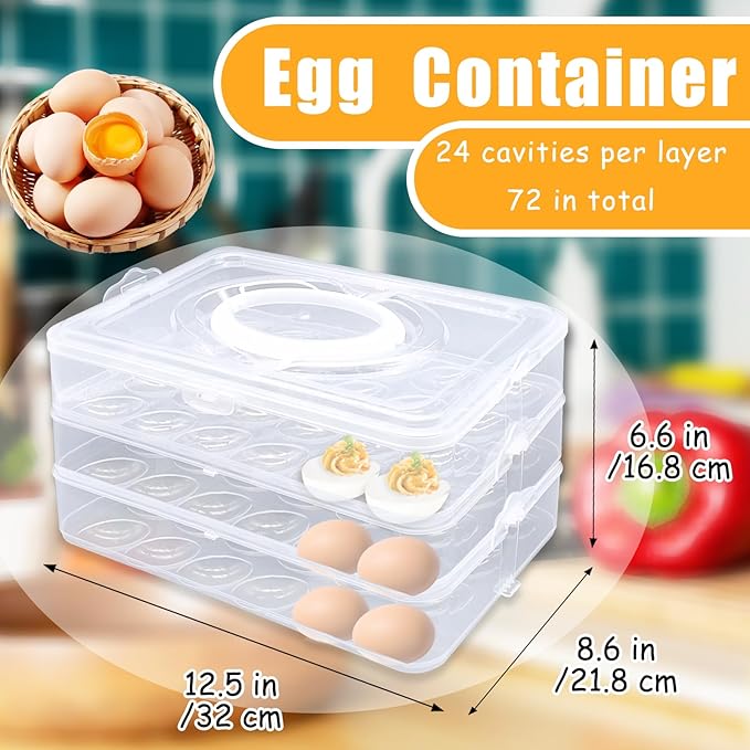 3 Layer Deviled Egg Trays Containers with Lid,Plastic Refrigerator Egg Carrier with Handle for 72 holes,Clear Storage Platter for Portable Devil Egg,Easter Thanksgiving
