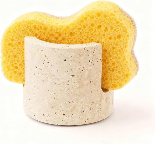 Natural Travertine Sponge Holder & Drying Rack for Kitchen Sink Non-Slip Grip Fast-Absorbing Stone Sponge Caddy Organizer Sturdy Bathroom or Kitchen Counter Accessory Beige