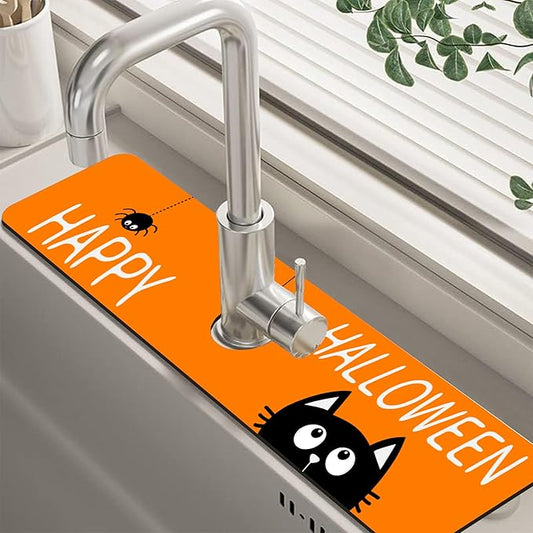 Halloween Cute Black Cat Kitchen Sink Splash Guard Mat Absorbent Fast Drying Mat Faucet Draining Mat Sink Splash Guard Behind Faucet Drip Catcher for Kitchen Bathroom 5.5"×24"