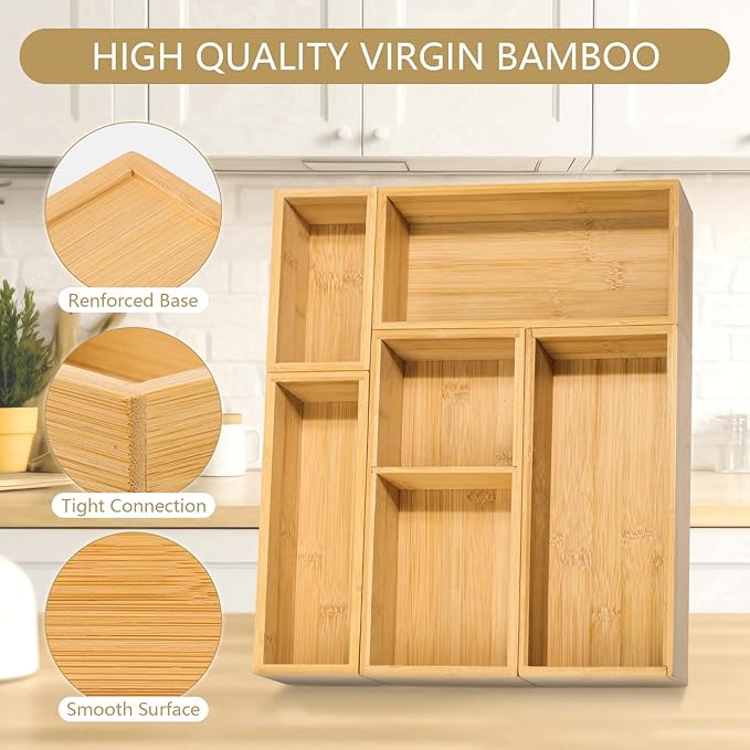 5 PCS Bamboo Drawer Organizer, Multi-Use Wooden Drawer Organizer, Junk Drawer Organizer Kitchen for Bathroom, Makeup Desk, Office Desk, Jewelry, Utensils, Tea Drawer