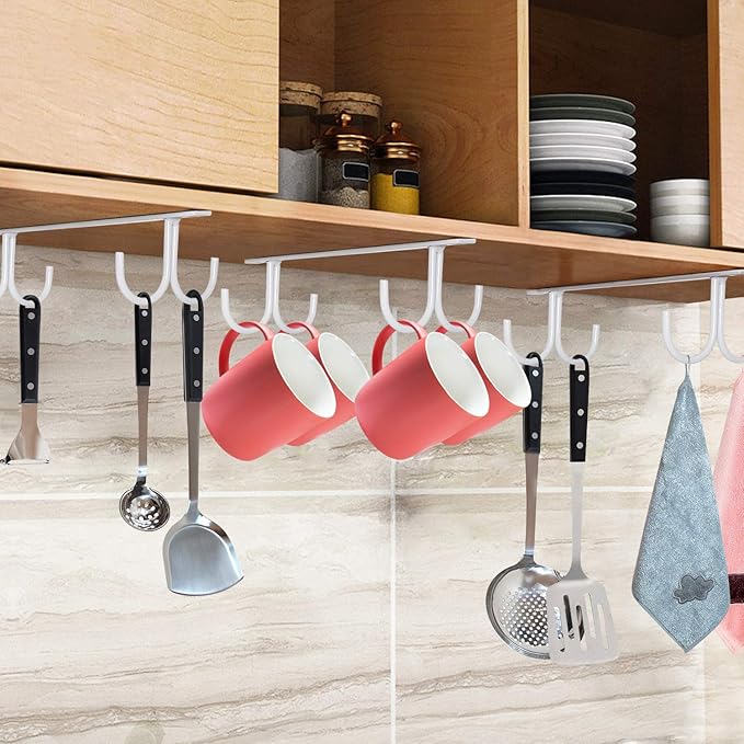 MOCOUM Under Cabinet Mug Rack, Rustic Mug Organizer Rack Cup Holder Under Shelf 12 Hanging Hooks Rack for Mugs, Coffee Cups and Kitchen Utensils Display (White-3 Pack-12 Hooks)