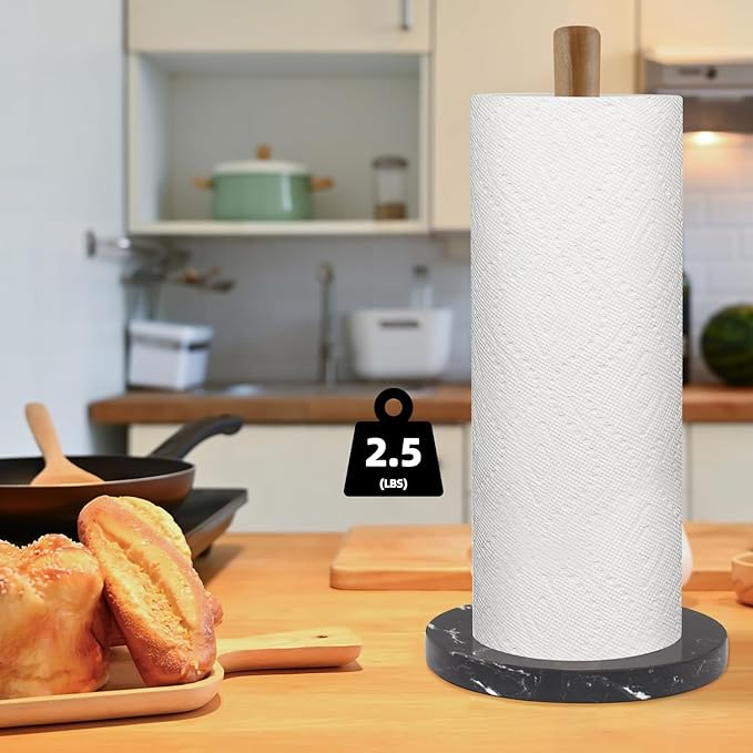 Buruis Wood Paper Towel Holder, Marble Base Modern Decorative Countertop Standing Rolls Holder for Kitchen, Toilet, Pantry and Bathroom (Marble Base Black)