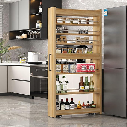 7 Tier Slim Rolling Storage Cart With Wheels,narrow Spice Rack Organizer Cabinet Next To Fridge,space-saving Wood Storage Organizer For Kitchen,pantry,laundry(D 21.65 x H 72.4 x W 7.87 IN, Wood)