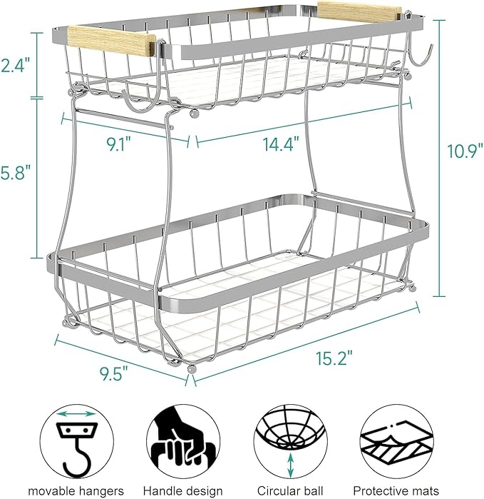 2 Tier Large Fruit Basket for Kitchen Counter with 2 Mobile Banana Hangers, 2026 Pro Detachable Metal Fruit Bowl with Wooden Handle (Silver, 2 Tier Extra Large)