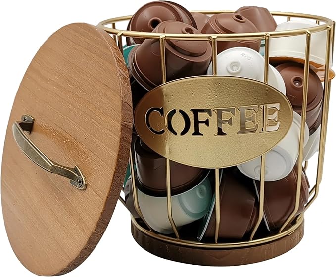 Round Coffee Pods Holder with Wooden Lid and Base,Wire Coffee Pods Storage Basket for Home Cafe Bar Countertop Decor(Gold)